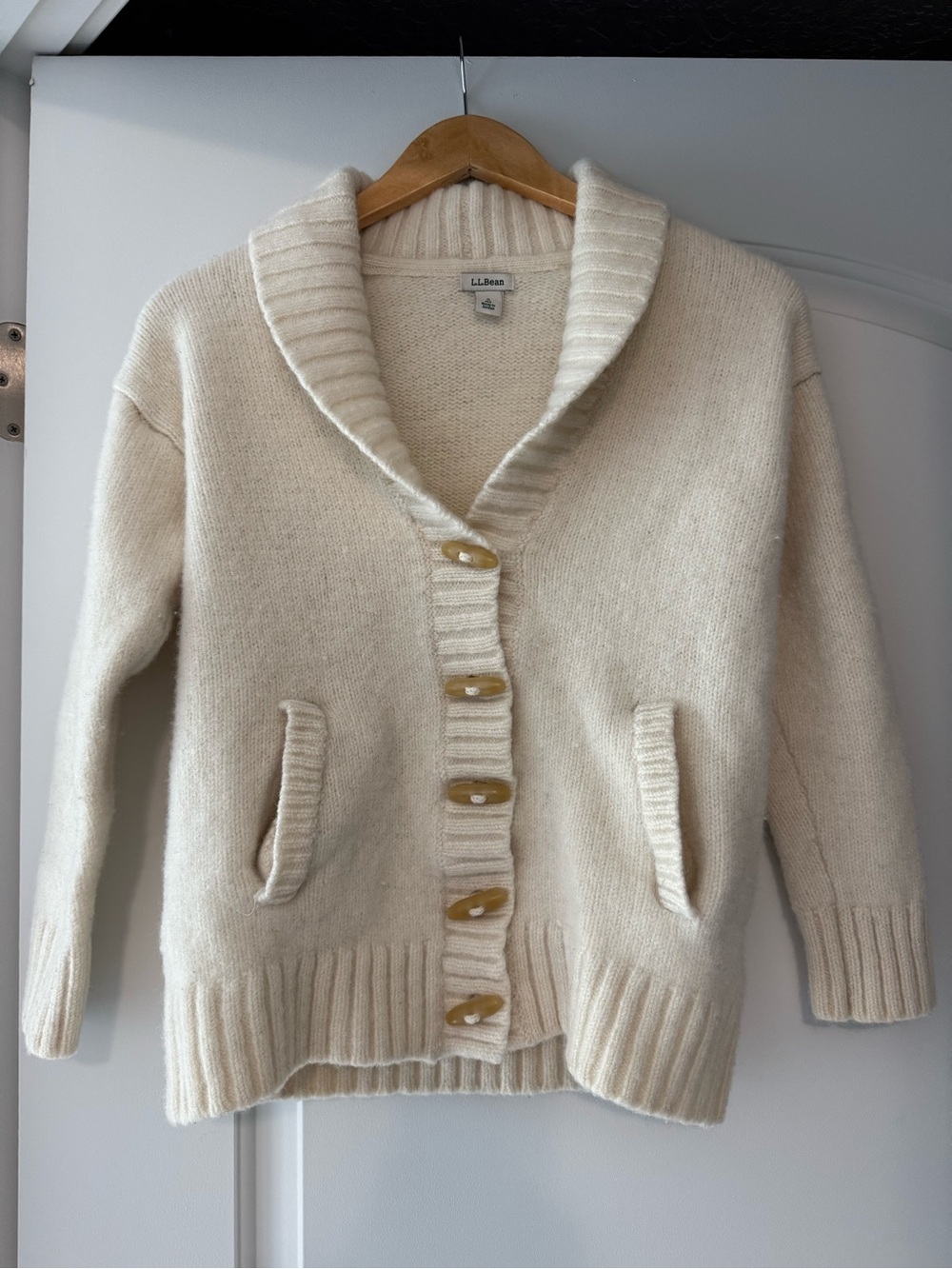 L.L. Bean 100% Lambswool Cream Shawl-Collar Button Cardigan